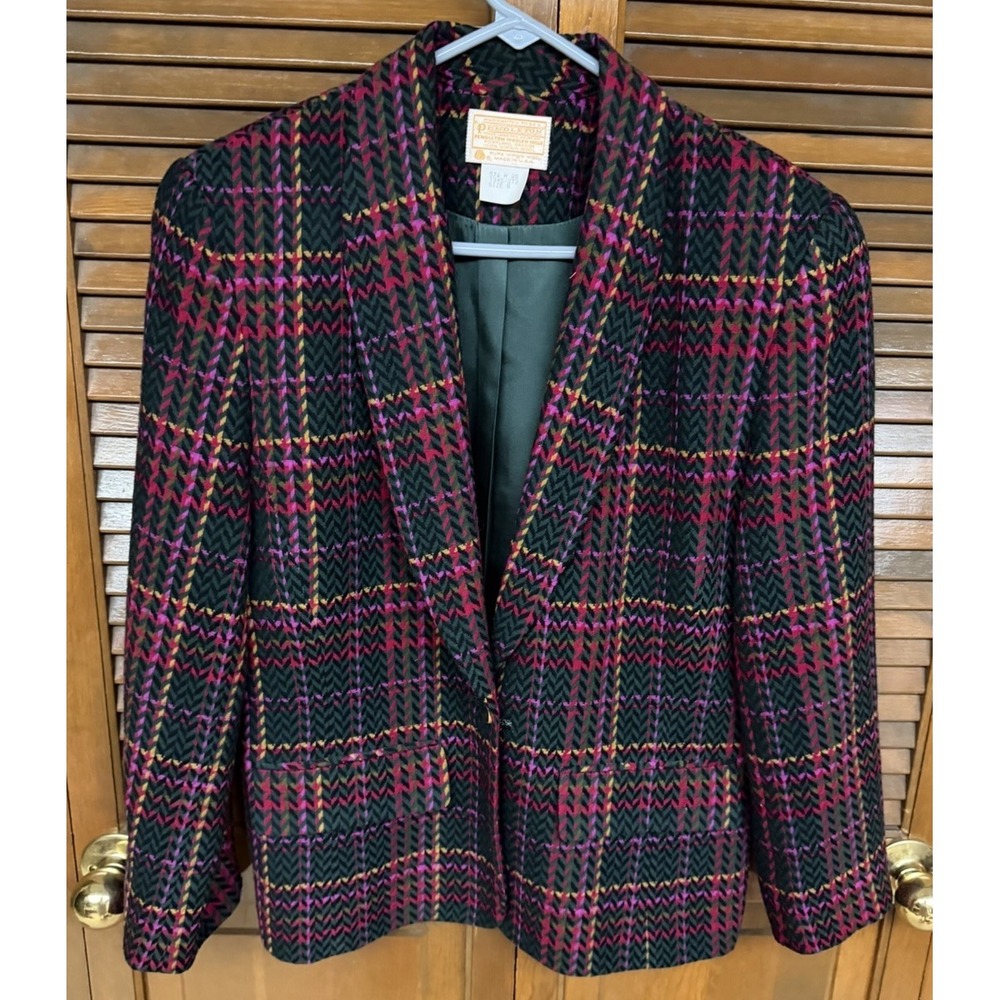 Pendleton Wool Blazer Jacket Size 8 Herringbone Plaid Vintage USA